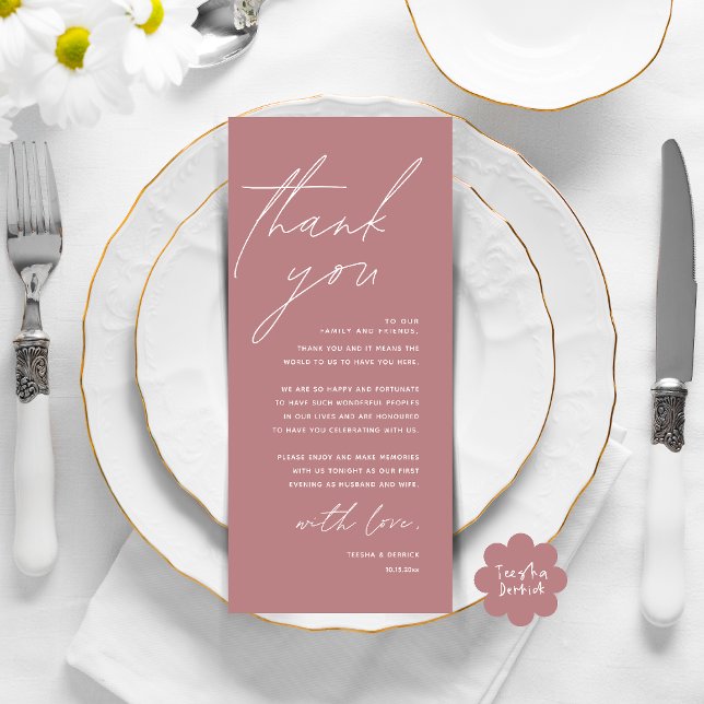 Dîner Mariage moderne Cadre Carte de remerciements (Modern Wedding Dinner Lunch Brunch Celebration Place Setting Thank You Card in Dusty Rose Pink)