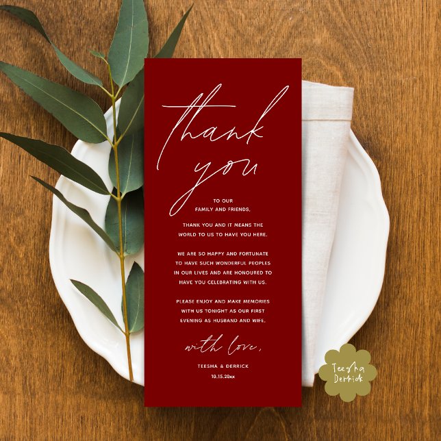 Dîner Mariage moderne Cadre Carte de remerciements (Modern Wedding Dinner Lunch Brunch Celebration Place Setting Thank You Card in Burgundy Wine Red)