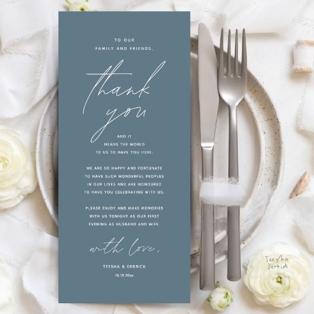 Dîner Mariage moderne Cadre Carte de remerciements (Modern Wedding Dinner Place Setting Thank You Card Reception Brunch Lunch in Dusty Blue)