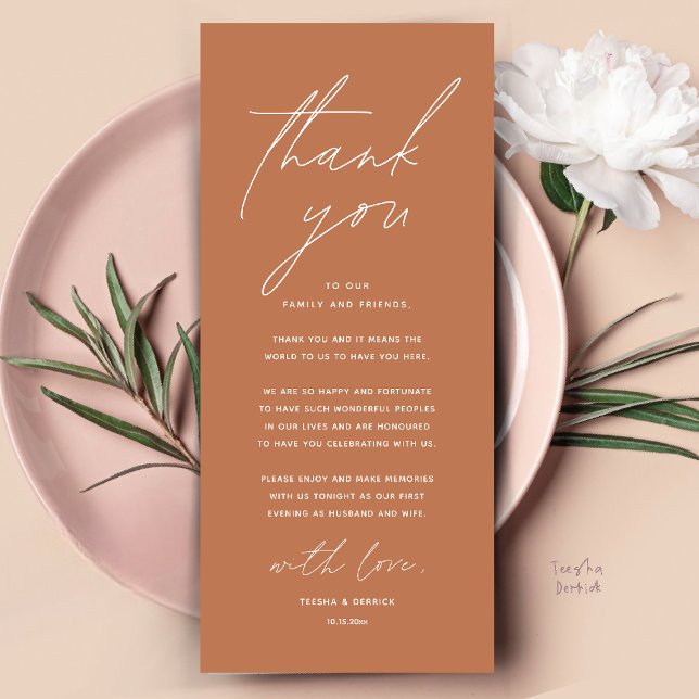 Dîner Mariage moderne Cadre Carte de remerciements (Modern Wedding Dinner Place Setting Thank You Card Reception Brunch Lunch in Copper Brown Terracotta)