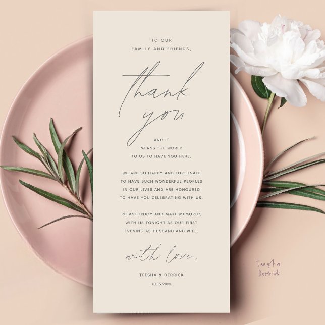 Dîner Mariage moderne Cadre Carte de remerciements (Modern Wedding Dinner Place Setting Thank You Card Reception Brunch Lunch in Warm Cream Grey)