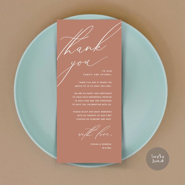 Dîner Mariage moderne Cadre Carte de remerciements (Modern Wedding Dinner Place Setting Thank You Card, Minimalist Terracotta Earthy Brown)
