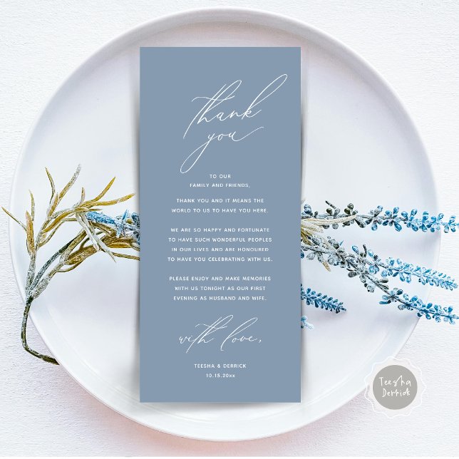 Dîner Mariage moderne Cadre Carte de remerciements (Modern Wedding Dinner Place Setting Thank You Card, Minimalist Dusty Blue)