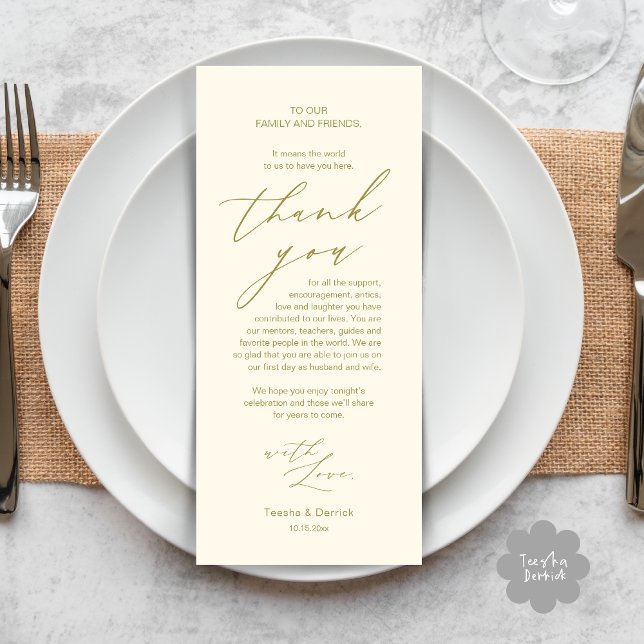 Dîner Mariage moderne Cadre Carte de remerciements (Modern Minimalist Wedding Dinner Place Setting Thank You Card in aesthetic yellow gold)