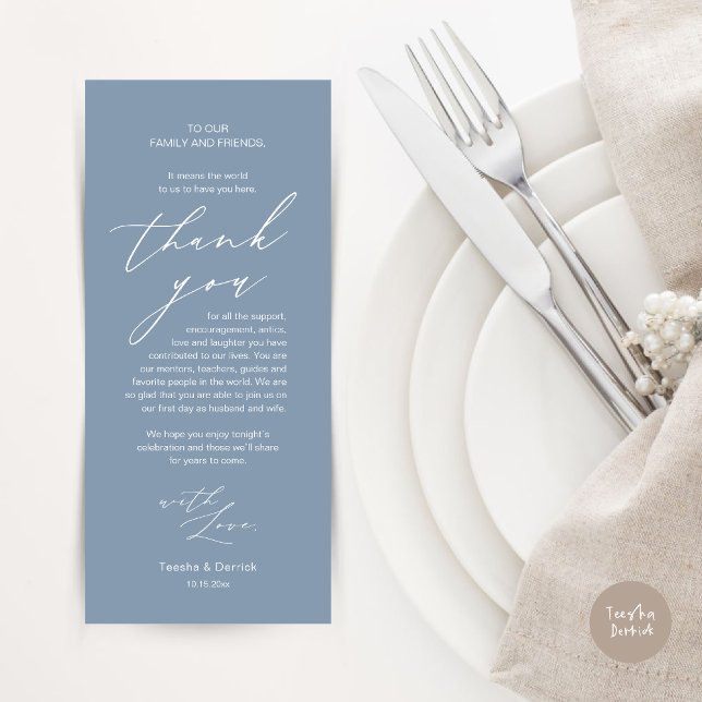 Dîner Mariage moderne Cadre Carte de remerciements (Modern Minimalist Wedding Dinner Place Setting Thank You Card in aesthetic dusty blue)