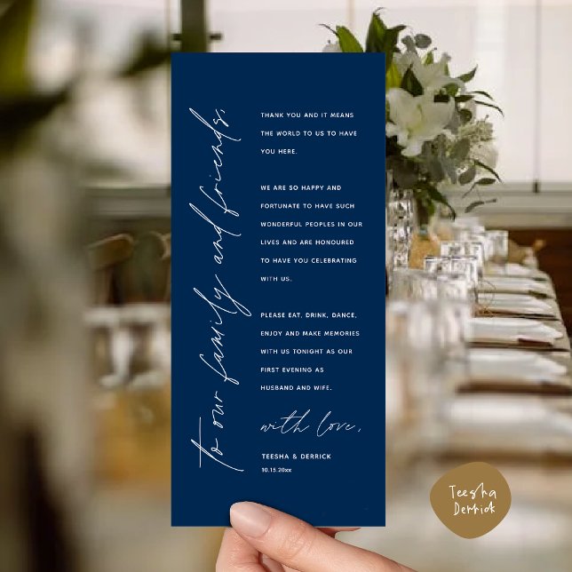 Dîner Mariage moderne Cadre Carte de remerciements (Modern Wedding Dinner Place Setting Thank You Card in Classy Navy Blue)