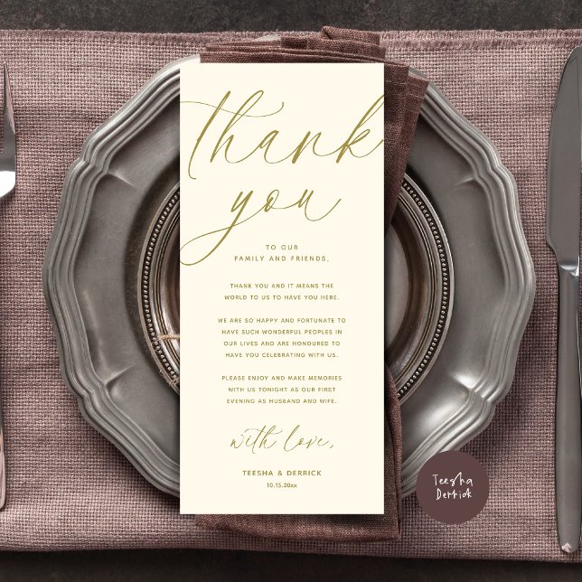 Dîner Mariage moderne Cadre Carte de remerciements (Wedding Dinner Place Setting Thank You Card Modern Romantic Contemporary Classy Yellow Gold)