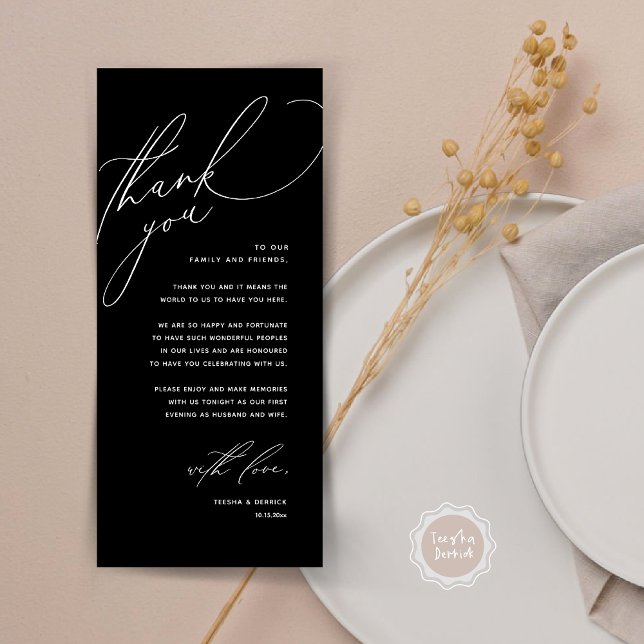 Dîner Mariage moderne Cadre Carte de remerciements (Modern Wedding Dinner Place Setting Thank You Card, Romantic Plate Decor, in Classy Black)