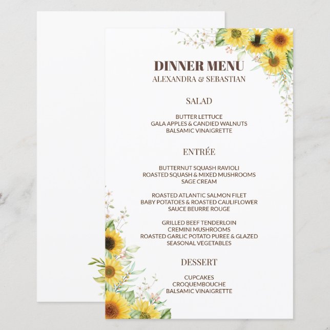 Dîner Mariage Tournesol vert Menu (Devant / Derrière)