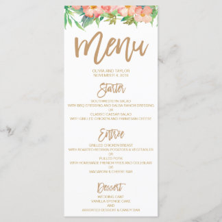 Dîner Mariage vert & floral rose & or Menu