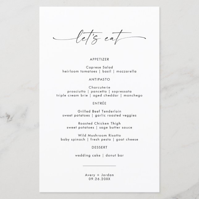 Dîner minimaliste Mariage Menu Manger à la carte (Devant)