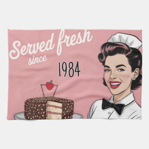 Diner Pin-Up: Retro Waitress and Custom Year Kitchen Towel