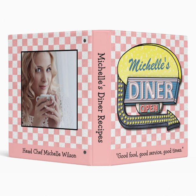 Diner Retro 50s Pink Check Recipe Book Name Photo Binder (Background)