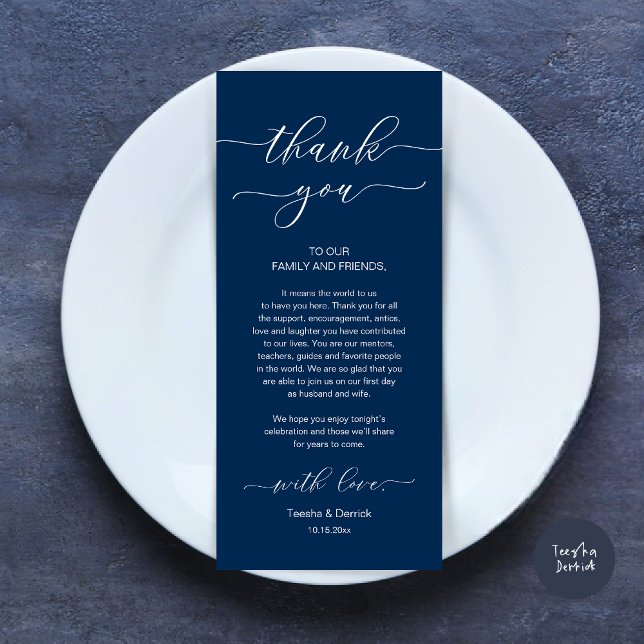 Dîner Romain Moderne Cadre Carte de remerciements (Wedding Dinner Place Setting Thank You Card, Modern Minimalist, in Navy Blue)