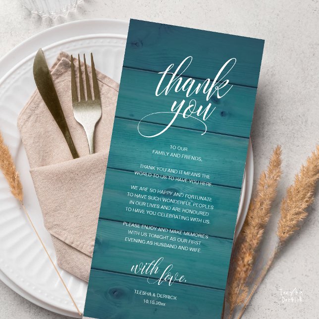 Dîner Rustique de répétition Mariage Carte de reme (Modern Rustic Wedding Reception Dinner Lunch Brunch Thank You Card Blue Green Teal)