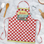 Diner Sign Retro 50s Mid-Century Modern Red Check Apron<br><div class="desc">Create your own personalized, 1950's style diner sign apron using this simple template. This cool retro kitchen art has a slightly distressed red-and-white chequered background with a sign on top that says "DINER" and "OPEN" in neon with space for you to add your own first or last name. The sign...</div>