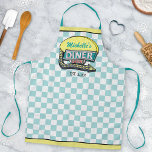 Diner Sign Retro 50s Mid-Century Modern Teal Check Apron<br><div class="desc">Create your own personalized, 1950's style diner sign apron using this simple template. This cool retro kitchen art has a slightly distressed mint / light teal -and-white chequered background with a sign on top that says "DINER" and "OPEN" in neon with space for you to add your own first or...</div>
