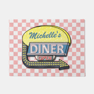 Diner Sign Retro 50s Pink Chequered   Custom Name Doormat