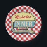 Diner Sign Retro 50s Red Checkered | Custom Name Paper Plate<br><div class="desc">These cool, retro 50s diner sign paper plates can be easily personalized with your own name. The background is a slightly-distressed red-and-white checker pattern, and the 1950s-style sign on top says DINER and OPEN in faux neon with space for your first or last name at the top. The sign also...</div>