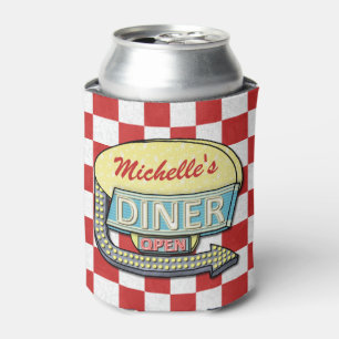 Diner Sign Retro 50s Red Chequered   Custom Name Can Cooler