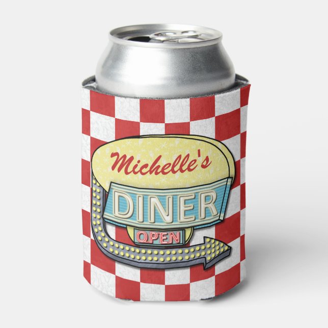 Diner Sign Retro 50s Red Chequered | Custom Name Can Cooler (Can Front)