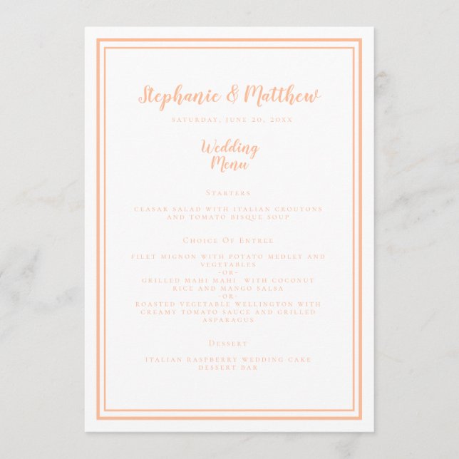 Dîner simple Mariage Peach Menu Carte de place inv (Devant)