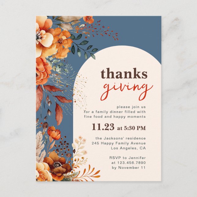 Dîner Thanksgiving invitation arc blanc fleuri (Devant)
