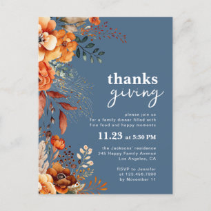 Dîner Thanksgiving invitation floral bleu