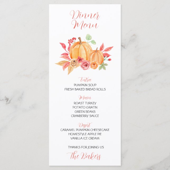 Dîner Thanksgiving Menu Floral Citrouille (Devant)