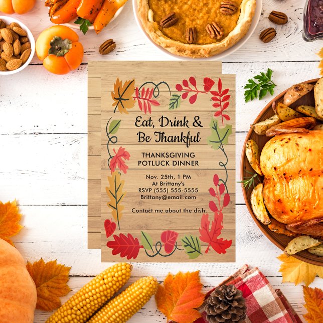 Dîner Thanksgiving Potluck LT Brown Invitation boi (Thanksgiving Potluck Dinner Light Brown Wood Invitation)