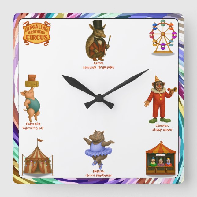 Dingaling Bros Circus Acts Square Wall Clock (Front)