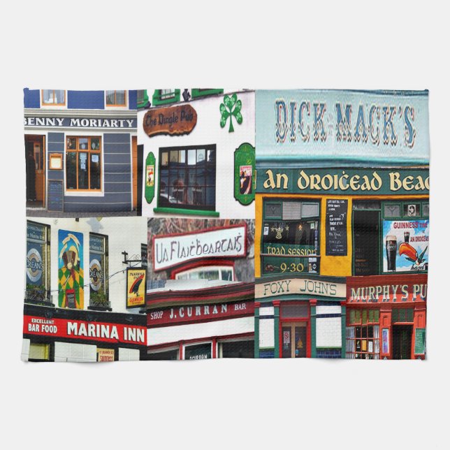 Dingle Pubs, Collage, Irish, Ireland, tea towel (Horizontal)