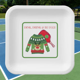 Dink Drink Be Ugly Pickleball Christmas Paper Plate