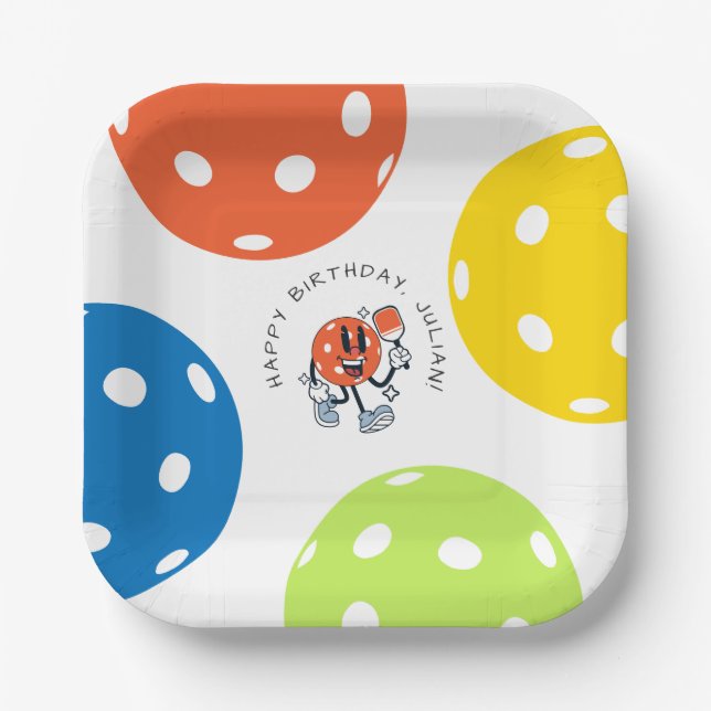 Dink Pickleball Party Sports Cartoon Mascot Paddle Paper Plate (Front)