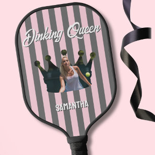 Dinking Queen Photo Pink and Grey Stripes custom Pickleball Paddle
