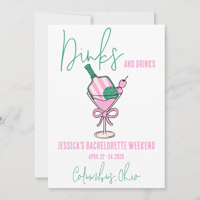Dinks and Drinks, Pickleball  Bachelorette Party Invitation (Front)
