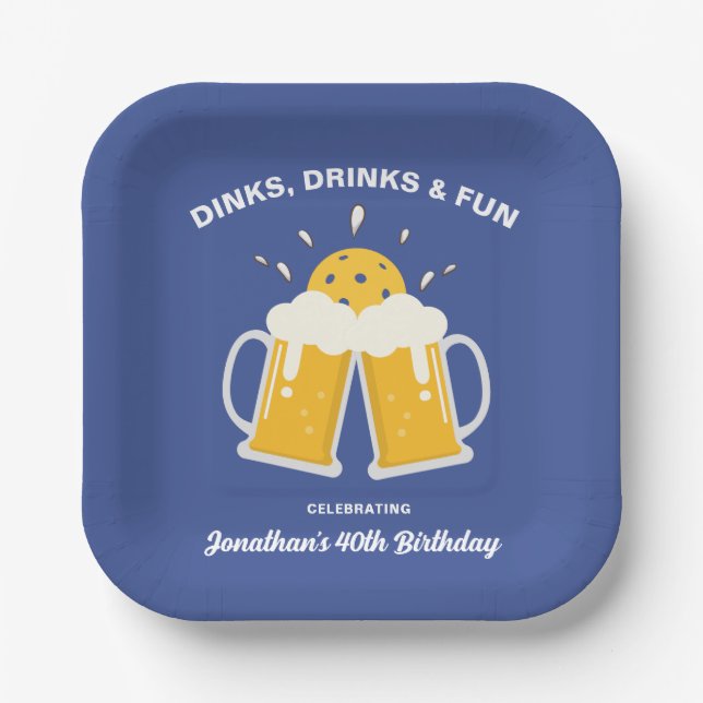 Dinks & Drinks Beer Mugs Cheering Pickleball Paper Plate (Front)
