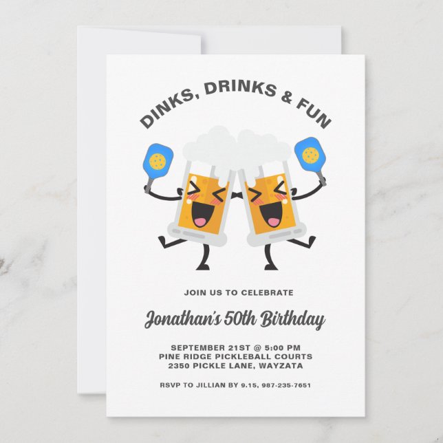 Dinks & Drinks Beer Mugs Pickleball Birthday Party Invitation (Front)