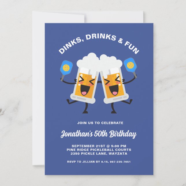 Dinks & Drinks Beer Mugs Pickleball Birthday Party Invitation (Front)