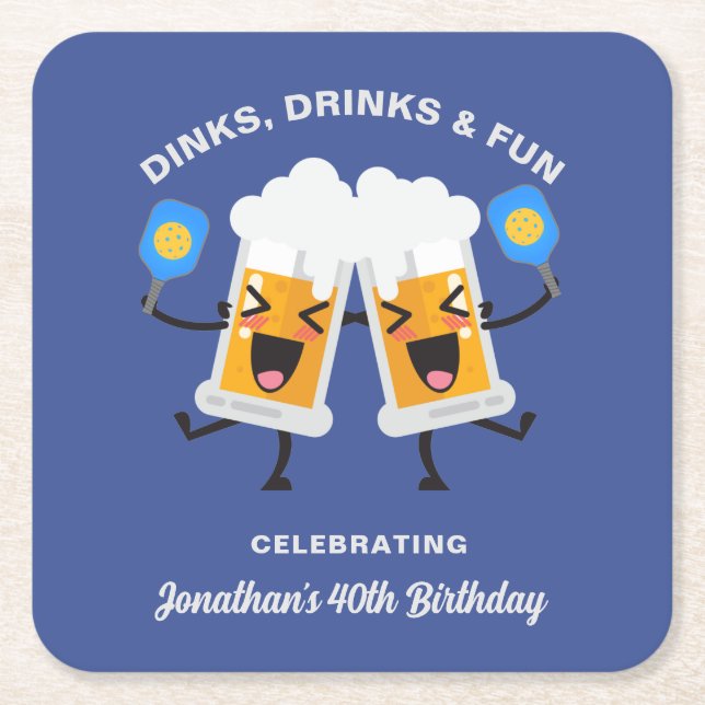 Dinks & Drinks Cartoon Beer Mugs Custom Pickleball Square Paper Coaster (Front)
