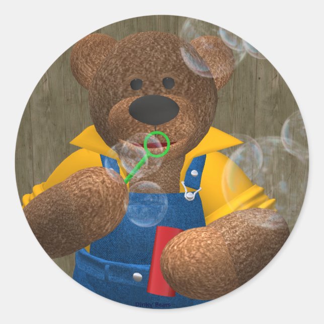 Dinky Bear: Blowing Bubbles Classic Round Sticker (Front)