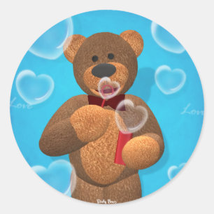 Dinky Bear blowing Heart Bubbles Classic Round Sticker
