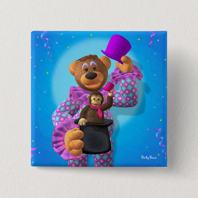 Dinky Bears Clown with Monkey 2 Inch Square Button (Front)