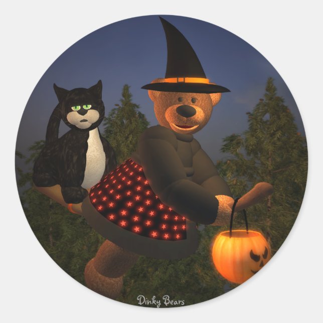 Dinky Bears Flying Witch Classic Round Sticker (Front)