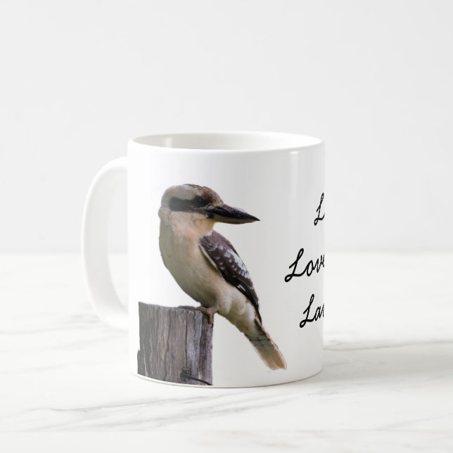 Dinky mug with a cute kookaburra design. (Front Left)