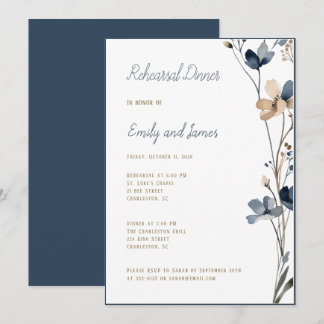 Dinner Dusty Blue Beige Botanical Modern Wedding Invitation