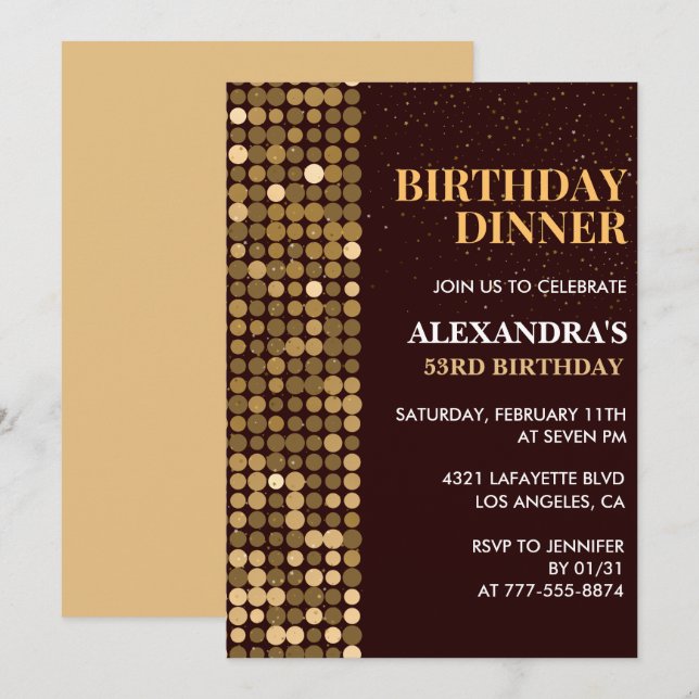 Dinner Glitter Glam Black Gold 53rd birthday Invitation (Front/Back)
