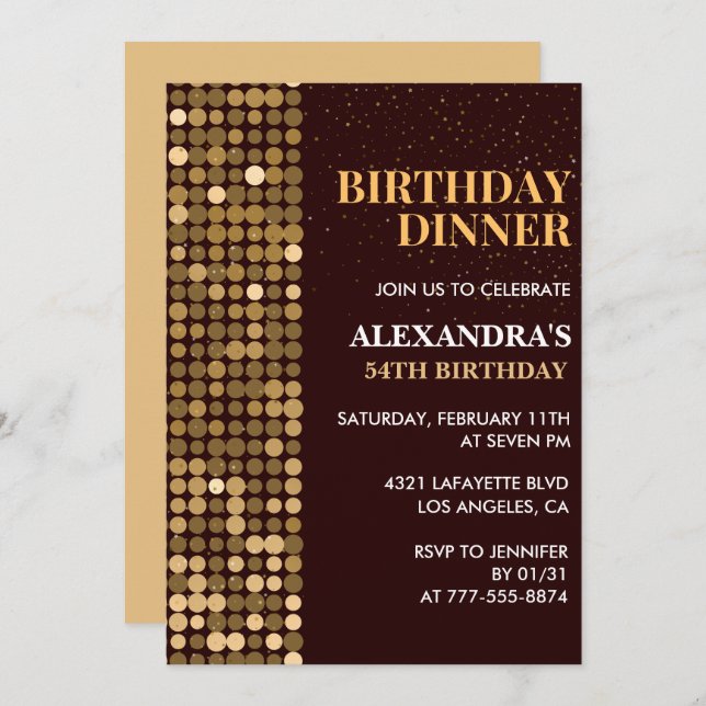 Dinner Glitter Glam Black Gold 54th birthday Invitation (Front/Back)