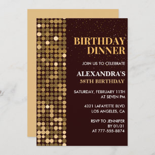 Dinner Glitter Glam Black Gold 58th birthday Invitation