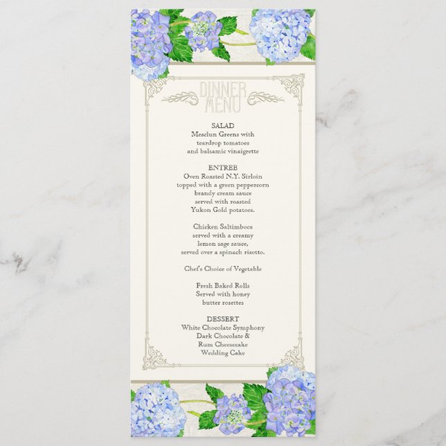 Dinner Menu - Blue Hydrangea Lace Floral Formal (Front)